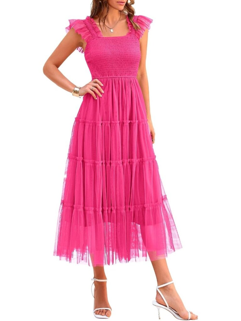 Women's Rose Red Summer Smocked Sleeveless Square Neck A Line Wedding Midi Dress
